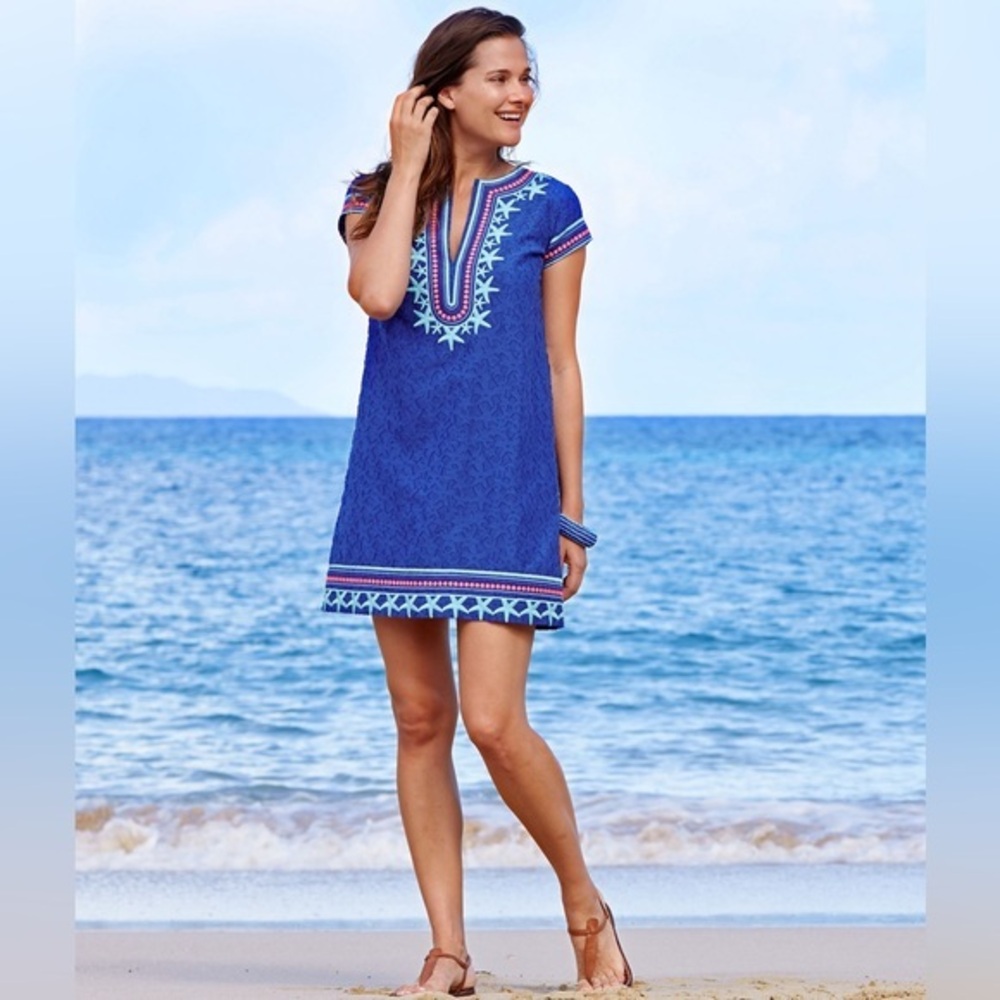 Vineyard Vines Blue 2 Starfish Embroidered Silk Blend Lined Tunic Shirt/Dress